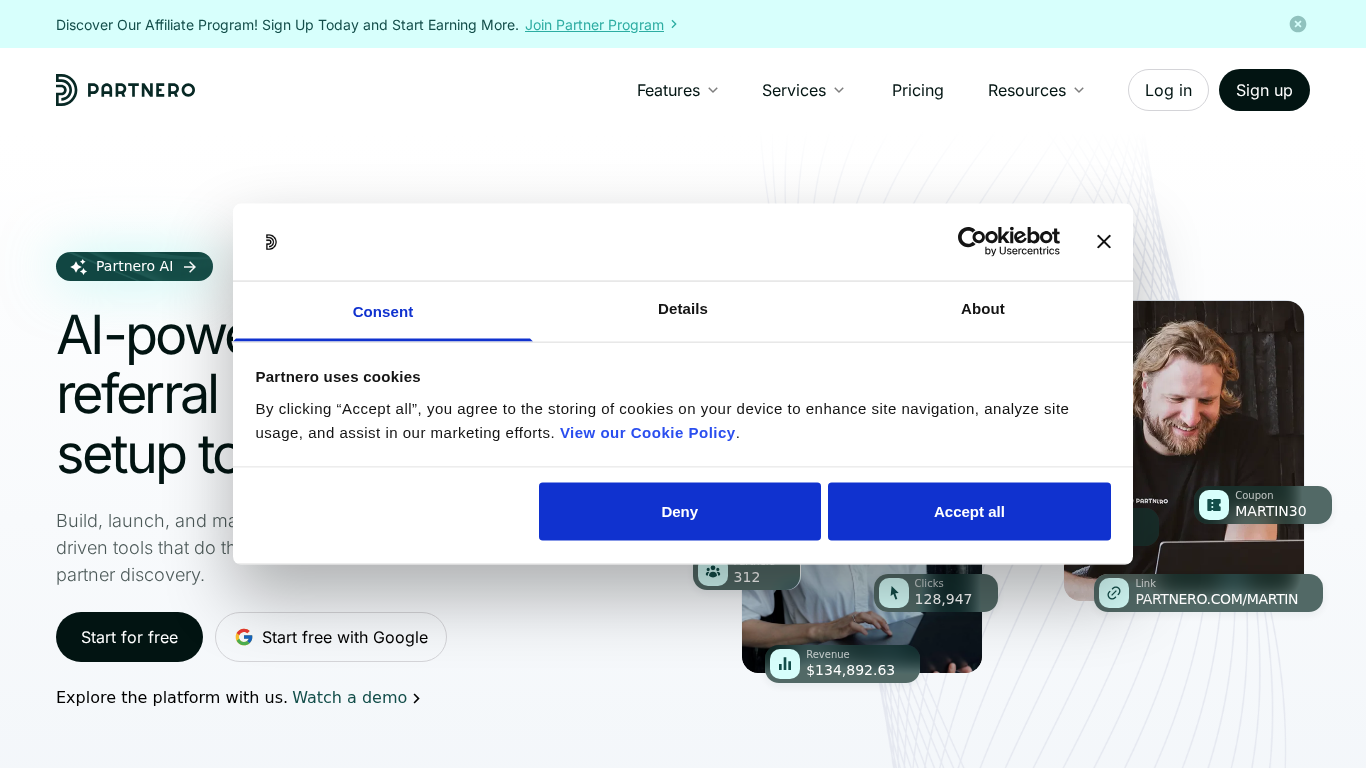 Partnero partnerkezelő platform kezdőlapja