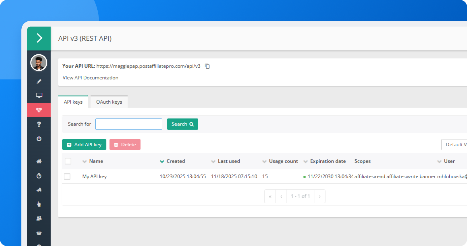 Post Affiliate Pro REST API v3 (Beta) dokumentációs felület OpenAPI 3.0 specifikációval, token-alapú hitelesítés beállítással és API-kulcs kezelési képernyővel hatókörök és lejárat beállításokkal