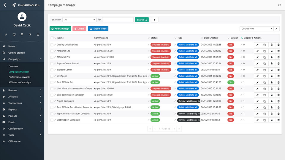 Post Affiliate Pro campaigns overview