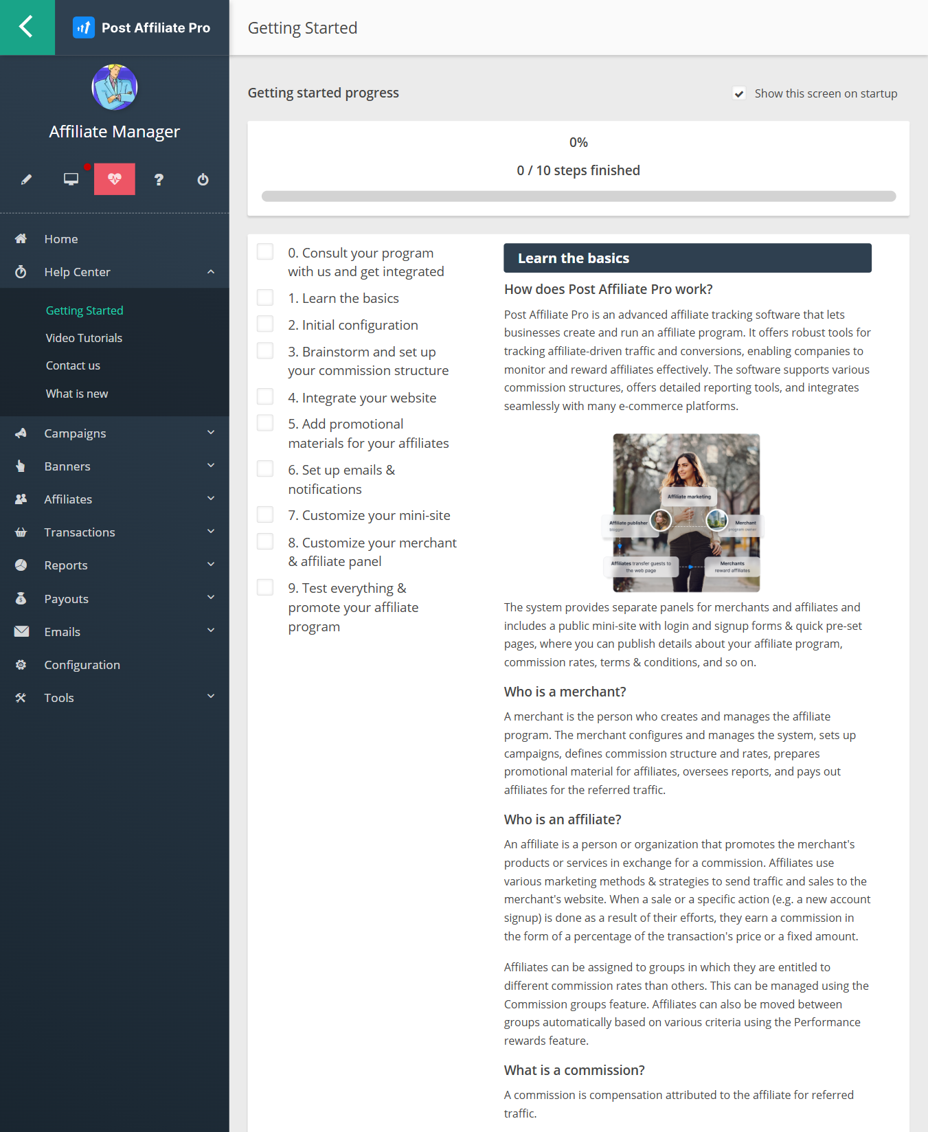 Post Affiliate Pro új súgóközpont szekciója a kereskedő panelben, amely az első lépéseket, videó oktatóanyagokat és a Post Affiliate Pro újdonságait mutatja.