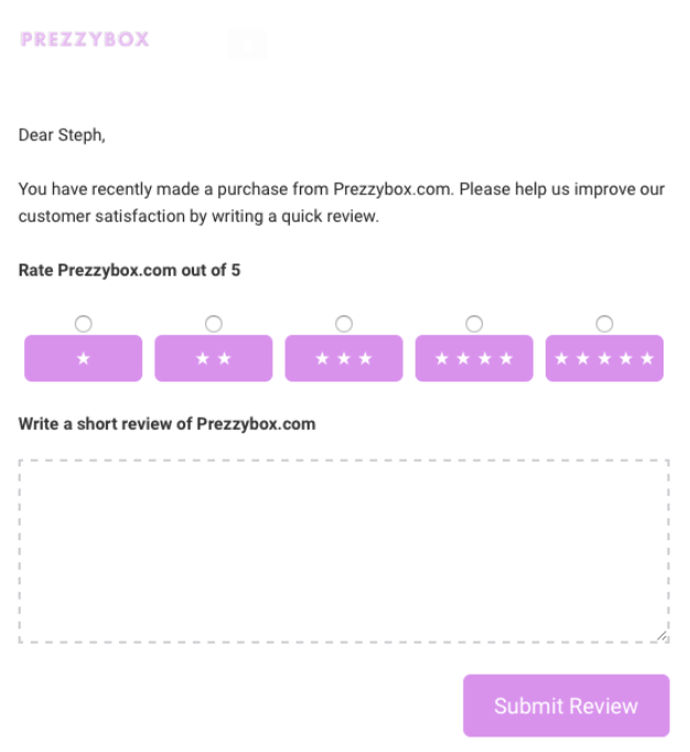 Prezzybox e-mailben küldött értékelő űrlap