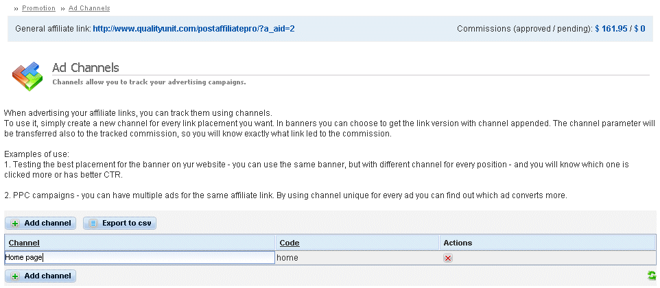 Post Affiliate Pro - Ad channels