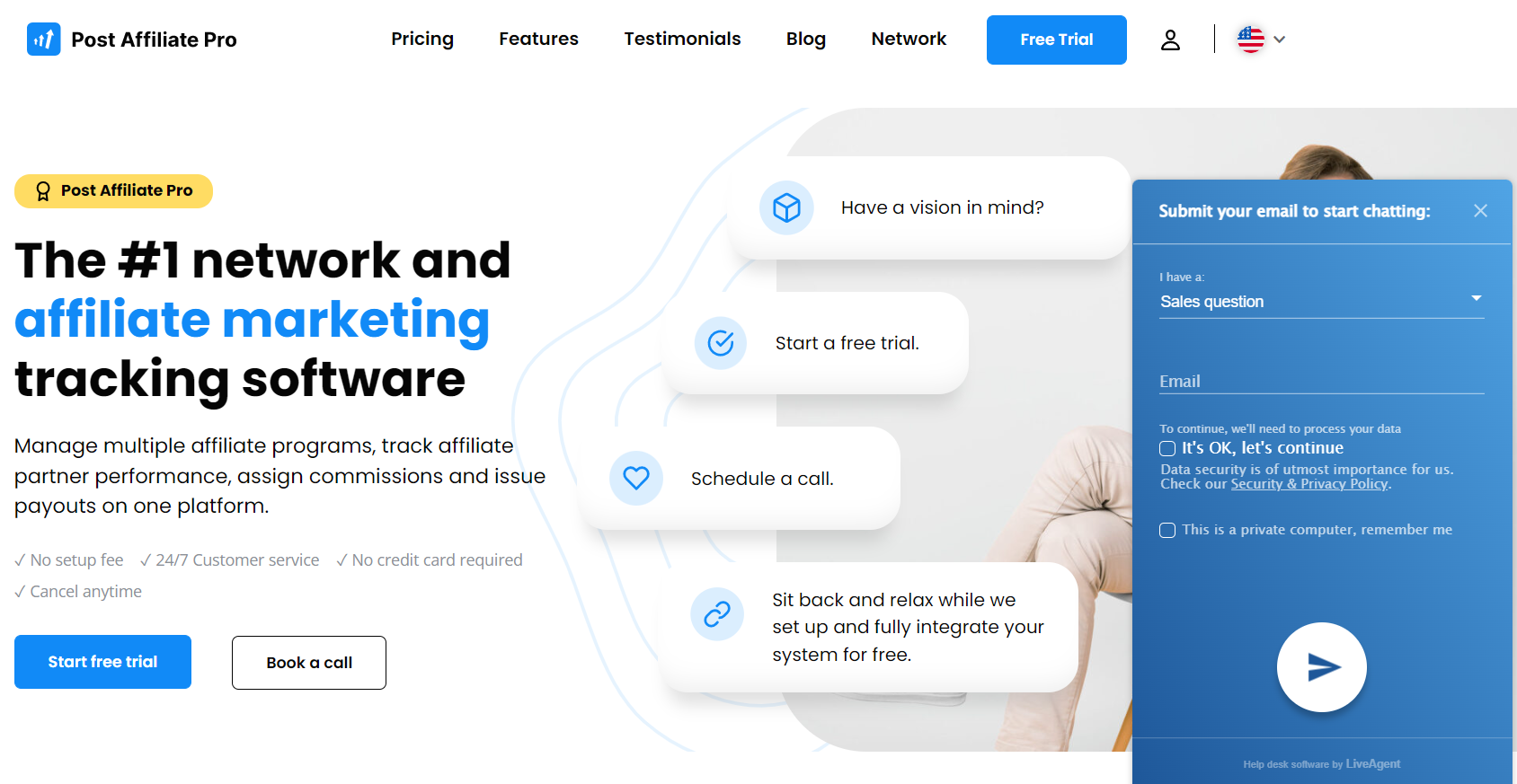 Live chat on Post Affiliate Pro page