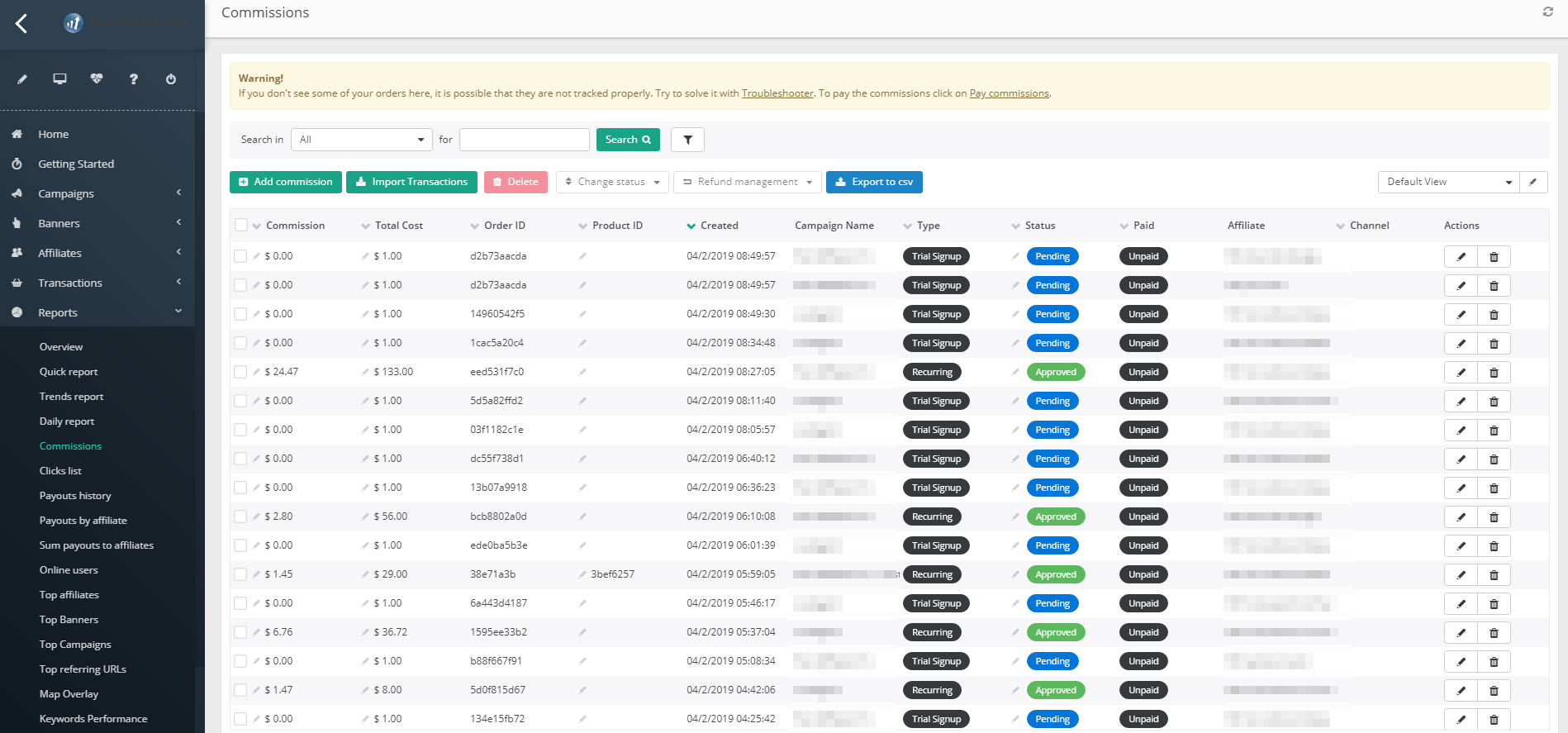 Post Affiliate Pro jelentések vezérlőpult jutalékokkal