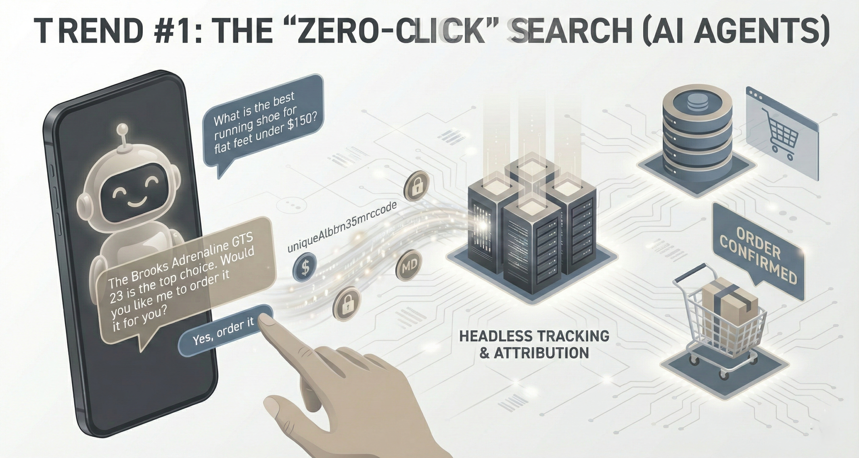 AI chatbot felület, amely egy nulla kattintásos keresési példát mutat, ahol egy AI ügynök közvetlenül válaszol a felhasználó termék kérdésére anélkül, hogy keresési eredményekre kellene kattintania