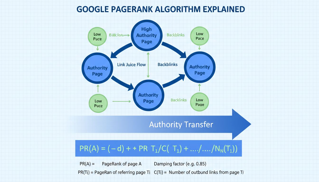 PageRank algoritmus hálózatábrája, amely a linkek áramlását és a tekintély átadását mutatja a weboldalak között