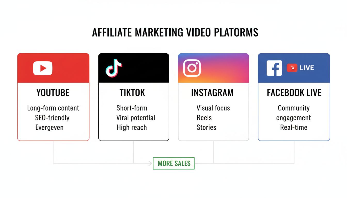 YouTube, TikTok, Instagram és Facebook Live platformok összehasonlítása affiliate marketing videókhoz