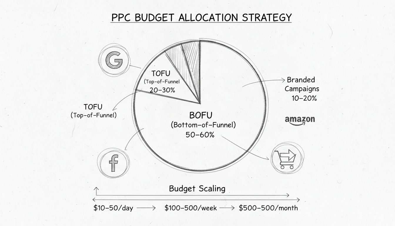 PPC költségvetés-elosztási stratégia: kördiagram TOFU 20-30%, BOFU 50-60%, Márkázott kampányok 10-20%, skálázási szakaszokkal