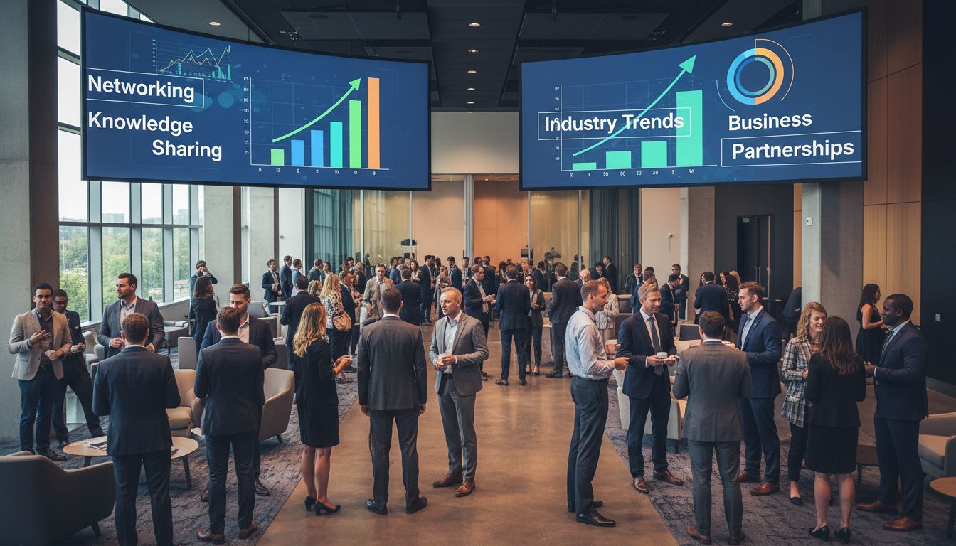 Professzionális marketing konferencia, ahol szakemberek hálózatépítés közben stratégiákat és iparági trendeket vitatnak meg