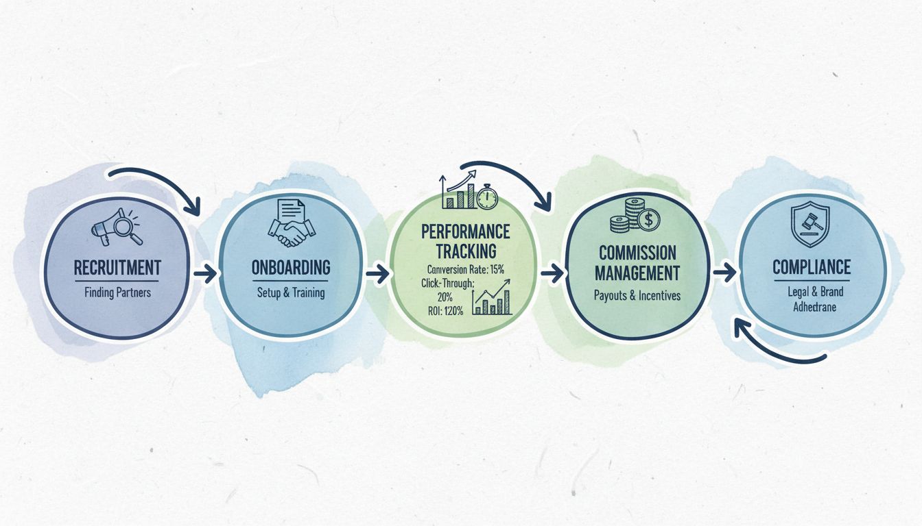 Az affiliate program menedzsment munkafolyamata - toborzás, beléptetés, teljesítménykövetés, jutalékkezelés és megfelelőség