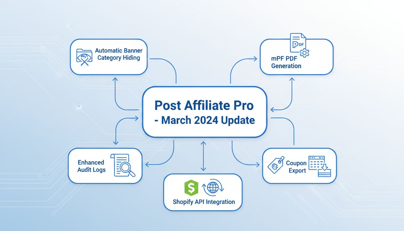 Technikai ábra, amely bemutatja a Post Affiliate Pro 2024. márciusi frissítés funkcióit: banner elrejtés, mPDF generálás, naplózás, kupon export, Shopify API integráció összekapcsolt modulokkal