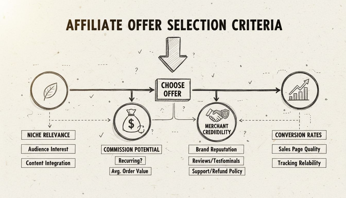Affiliate offer selection criteria decision tree showing niche relevance, commission potential, merchant credibility, and conversion rates