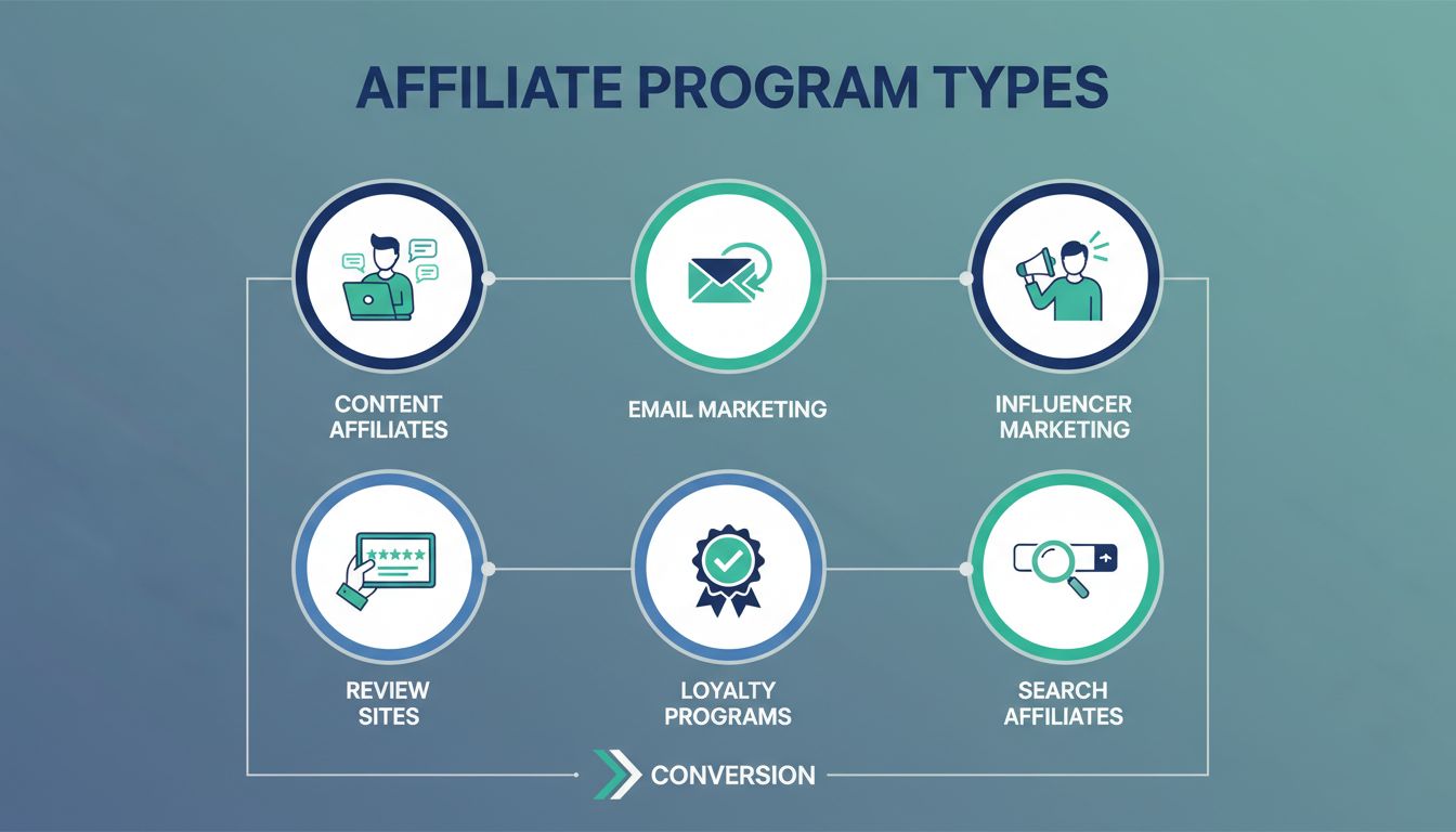 Infografika a különböző partnerprogram típusokról, mint tartalom alapú partnerek, e-mail marketing, influenszer marketing, véleményoldalak, hűségprogramok és kereső partnerek