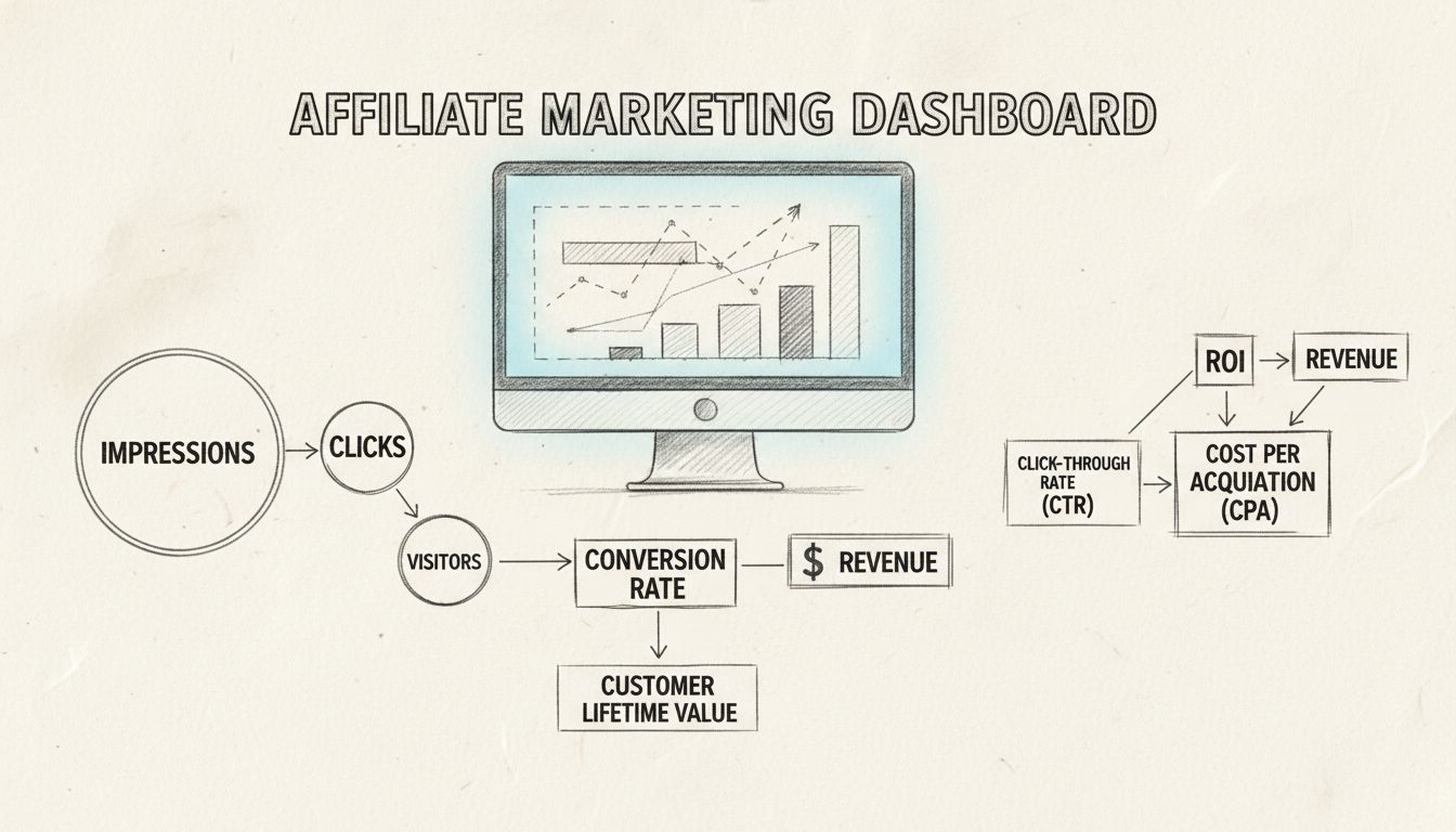 Affiliate marketing mutatók irányítópultja, rajta KPI-k: ROI, CTR, konverziós arány, CPA, bevétel, megjelenítések, kattintások és ügyfél élettartam érték