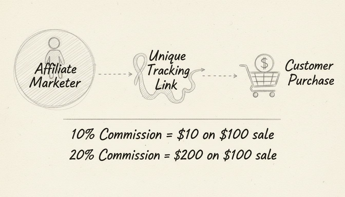 Hand-drawn diagram showing affiliate marketing commission structure with tracking links and commission calculations