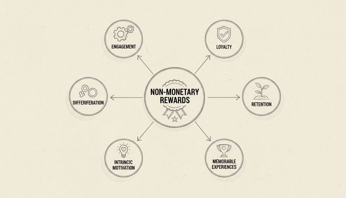 Kézzel rajzolt diagram a nem pénzbeli jutalmak előnyeiről, úgymint lojalitás, elköteleződés, megtartás, megkülönböztetés, emlékezetes élmények és belső motiváció