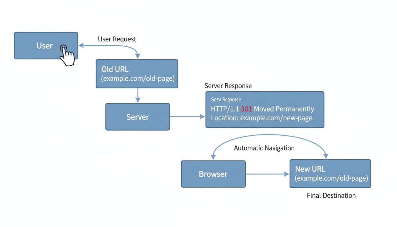Technikai diagram: HTTP átirányítási folyamat a felhasználói kéréstől a szerver válaszán át a végső célállomásig