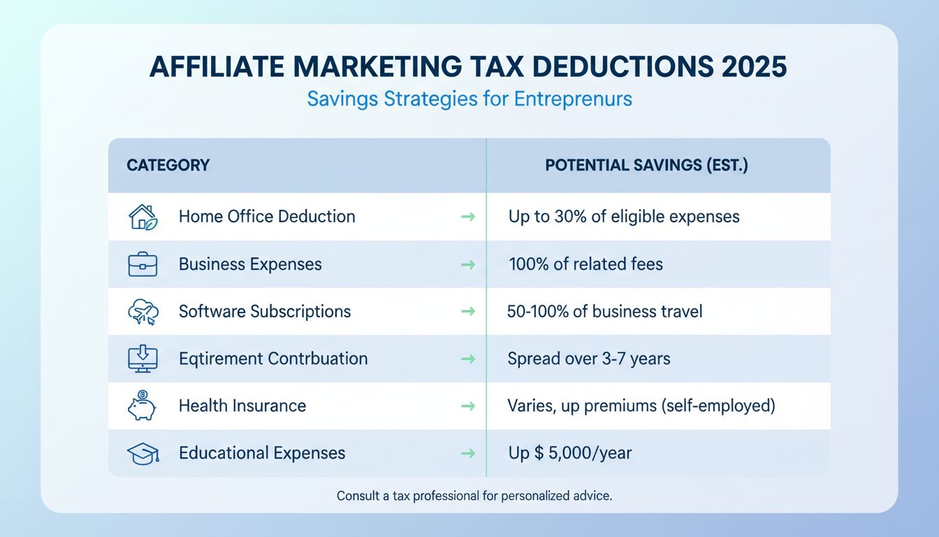 Affiliate Marketing Tax Deductions 2025 - Infografika otthoni irodával, üzleti költségekkel, szoftverekkel, utazással, felszereléssel, nyugdíjjal, egészségbiztosítással és oktatási levonásokkal