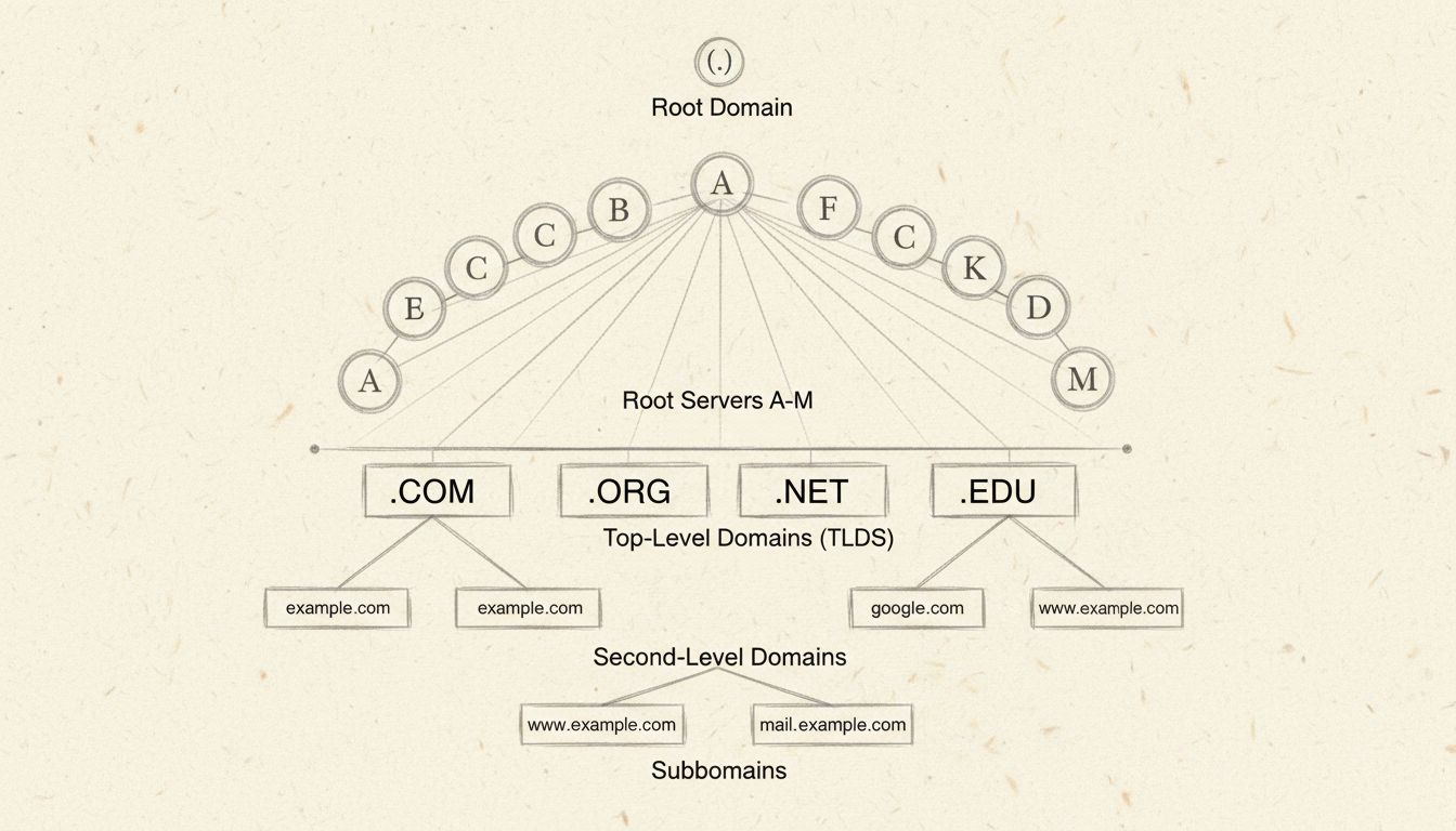 A DNS hierarchia szerkezete, amely fa struktúrában mutatja a gyökér domaint, a 13 gyökér szervert, a TLD-ket, másodszintű domaineket és aldomaineket