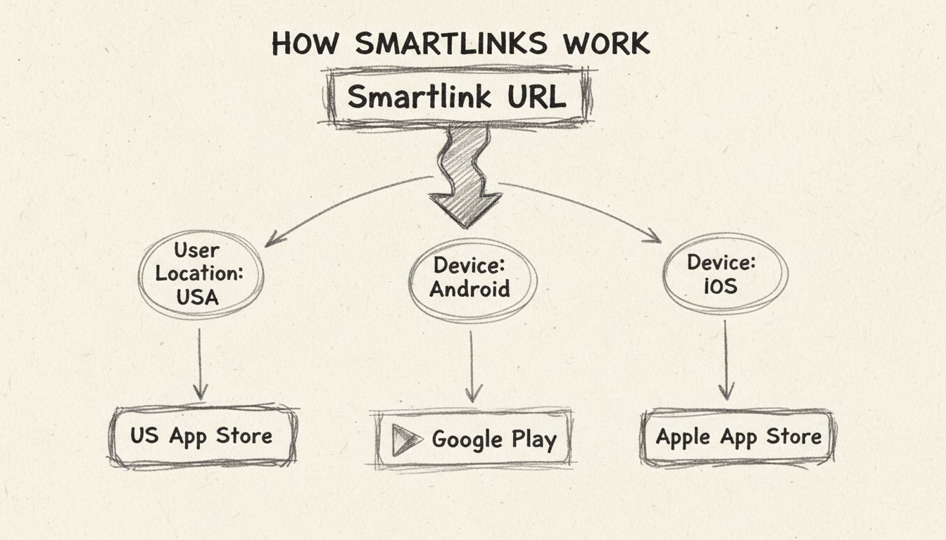 Smartlink routing diagram showing how a single URL branches to different destinations based on user location and device type