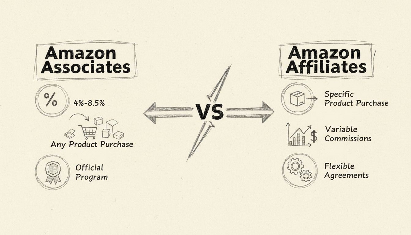 Kézzel rajzolt összehasonlító diagram az Amazon Associates és Amazon Affiliates jutalékstruktúrájáról és kereseti mechanizmusáról
