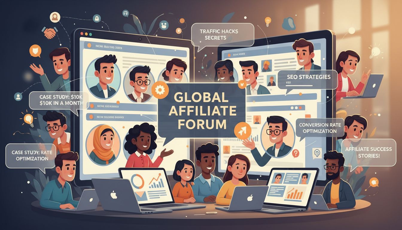 Sokszínű affiliate marketingesek online fórum közösségben együttműködnek, stratégiákat beszélnek meg és esettanulmányokat osztanak meg