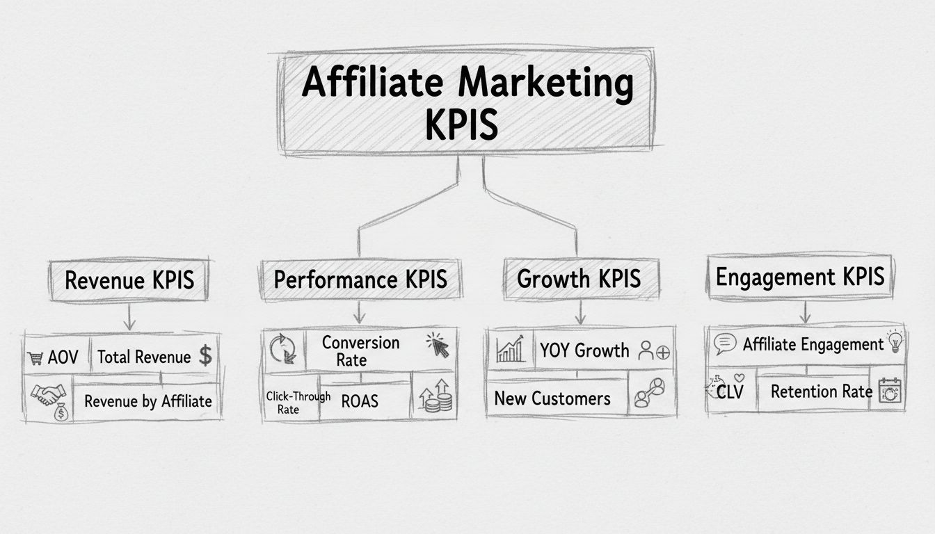 Affiliate marketing KPI-hierarchia diagram: Bevétel, Teljesítmény, Növekedés és Elköteleződés KPI-k