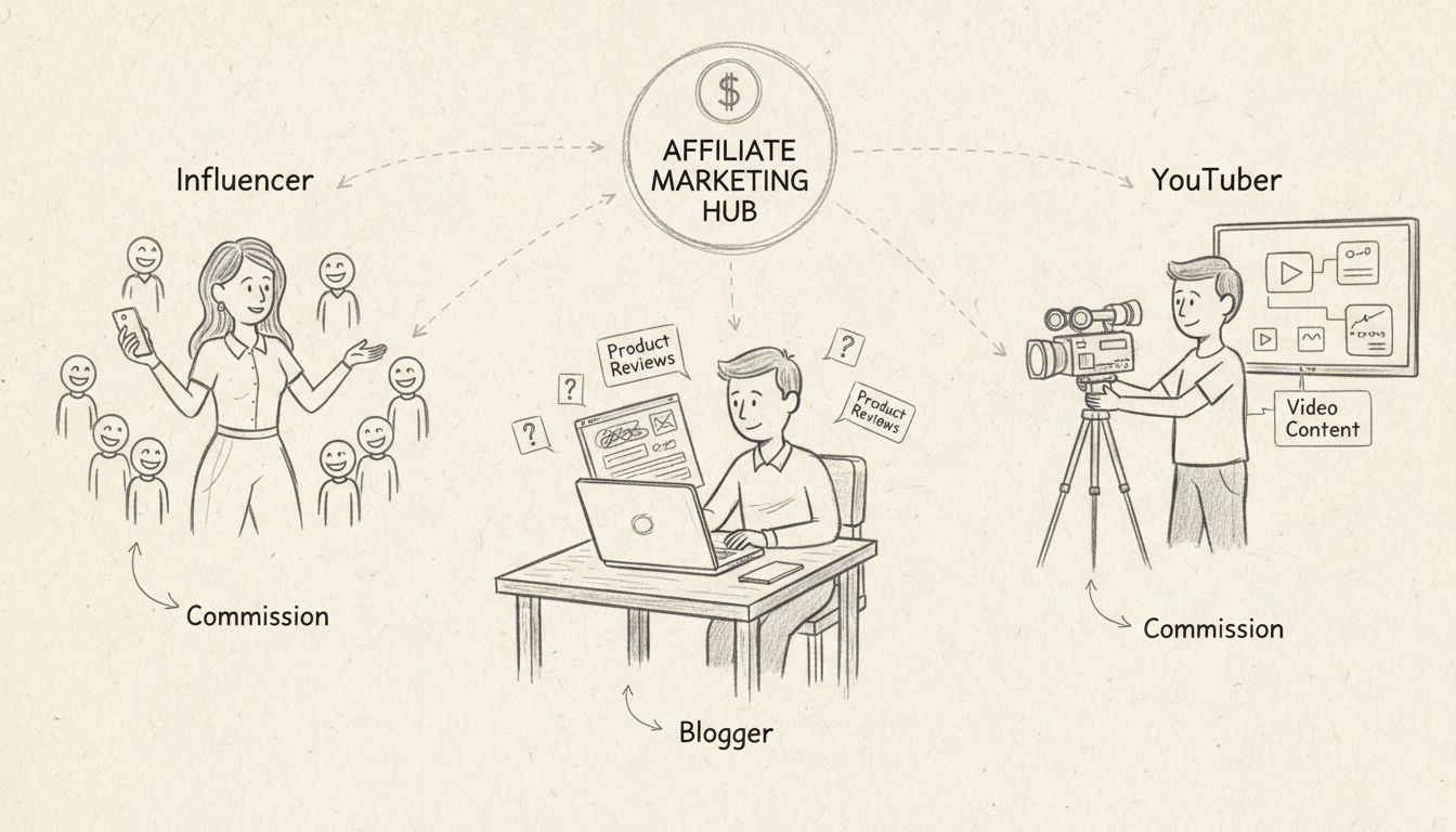 Hand-drawn diagram showing three types of affiliate marketers: influencer with smartphone, blogger at desk with laptop, and YouTuber with camera