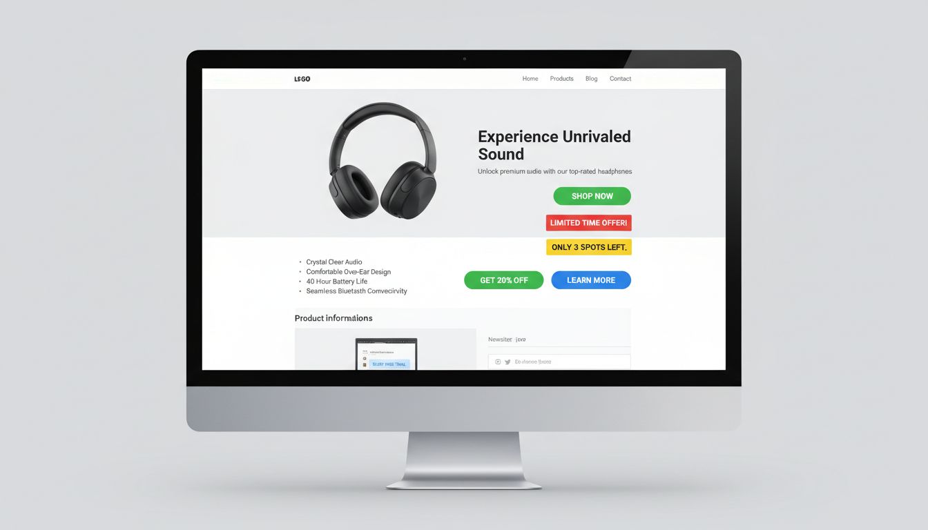 Profi affiliate marketing landing oldal, több CTA gombpéldával, sürgető üzenetekkel és helyes elhelyezéssel