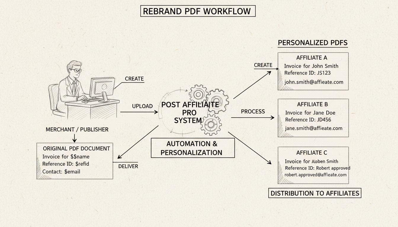 A Rebrand PDF munkafolyamatának diagramja, amely bemutatja, hogyan készítenek a kereskedők PDF-eket változókkal, amelyek automatikusan személyre szabásra kerülnek minden affiliate számára