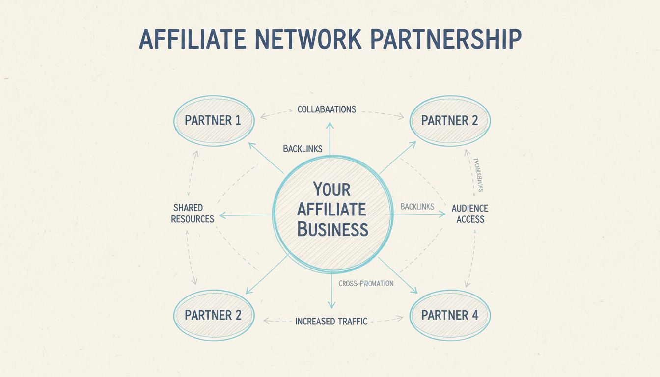 Affiliate marketing partnership network diagram showing central business connected to multiple partners with shared resources and traffic flow