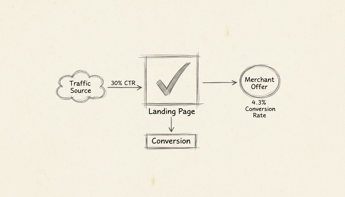 Affiliate marketing tölcsér diagram, amely bemutatja, ahogy a forgalmi forrás a landing oldalon keresztül a kereskedő ajánlatához áramlik, konverziós metrikákkal