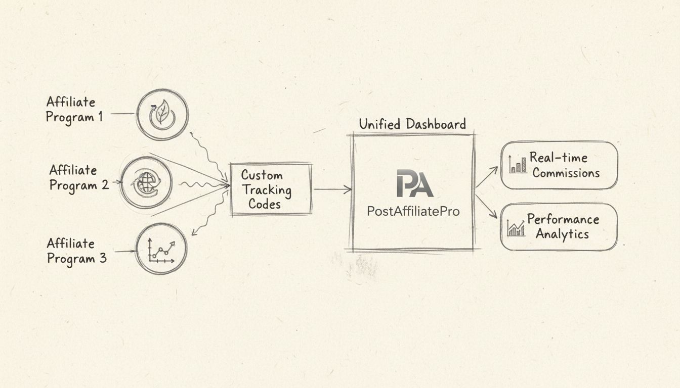 Egyedi partnerkövető kódok munkafolyamatát bemutató diagram, amelyen különböző partnerprogramok adatai a PostAffiliatePro egységes irányítópultjába kerülnek valós idejű jutalékkövetéssel és teljesítményelemzéssel
