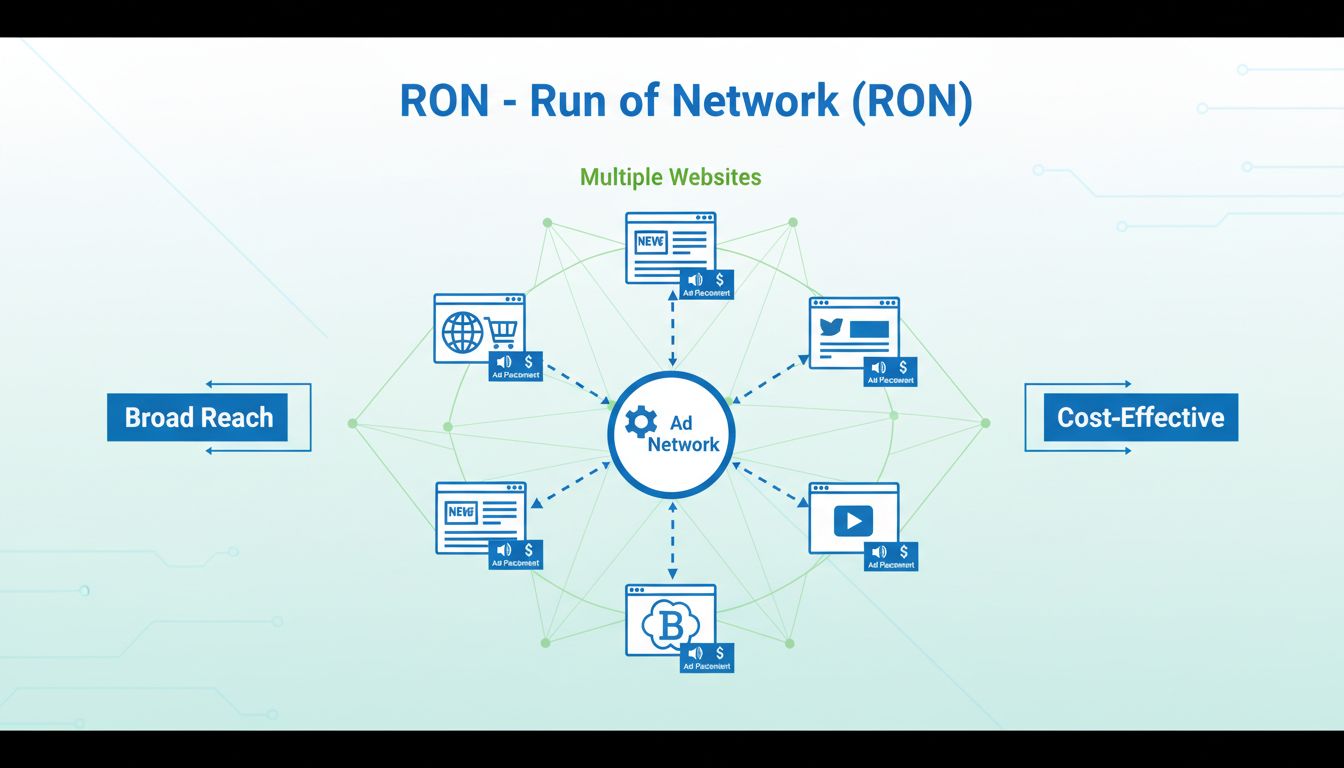 RON Run of Network hirdetési stratégia diagram, amely több weboldalt kapcsol össze egy hálózatban, ahol a hirdetések elosztva jelennek meg