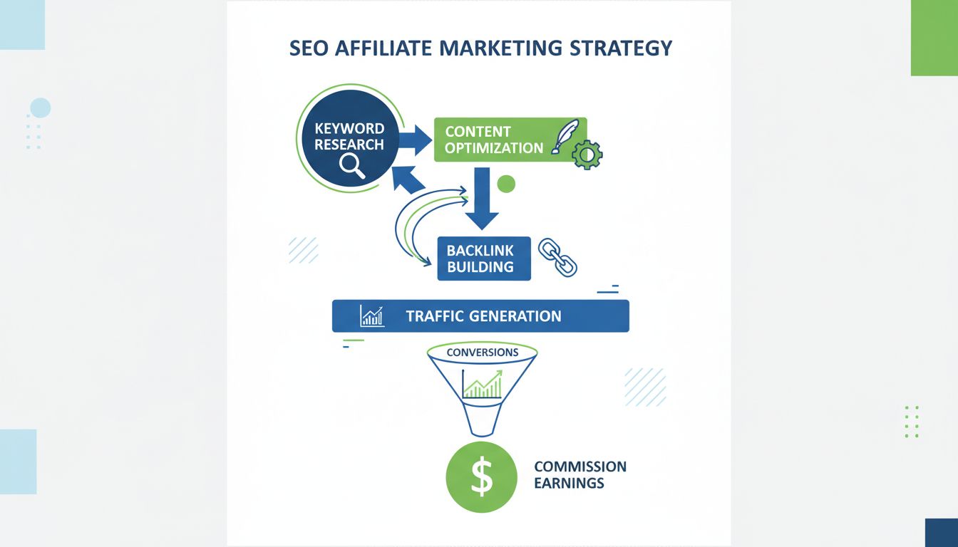 SEO Affiliate Marketing Stratégia Infografika: kulcsszókutatás, tartalom optimalizálás, linképítés, forgalomgenerálás és jutalék szerzés munkafolyamat