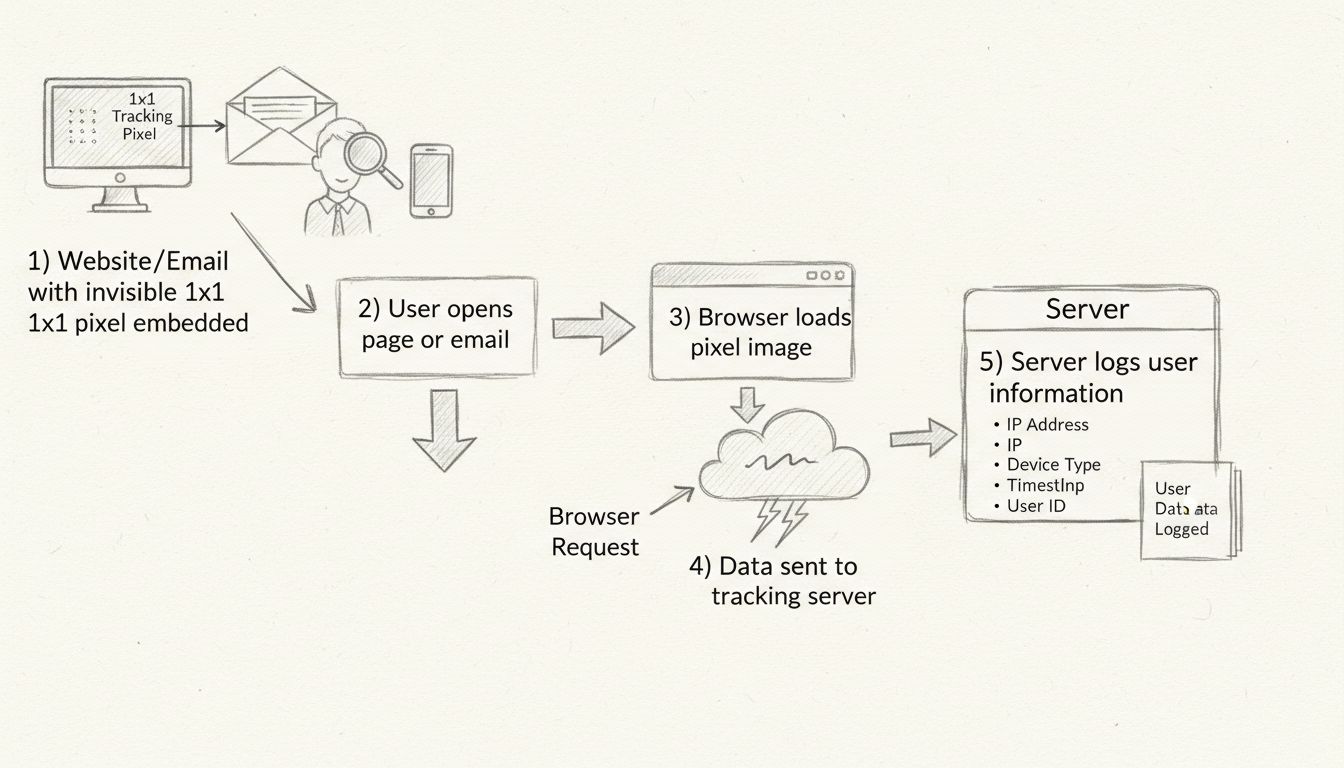 Kézzel rajzolt diagram, amely a pixelkövetés folyamatát ábrázolja a weboldaltól a szerverig