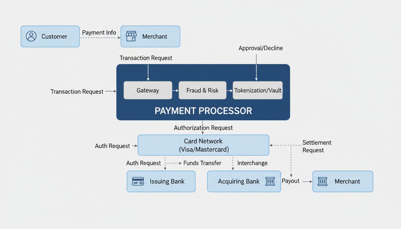 A fizetési processzor ökoszisztéma diagramja, amely bemutatja az ügyfél, kereskedő, fizetési processzor, kártyahálózatok, kibocsátó bank és elfogadó bank közötti kapcsolatot