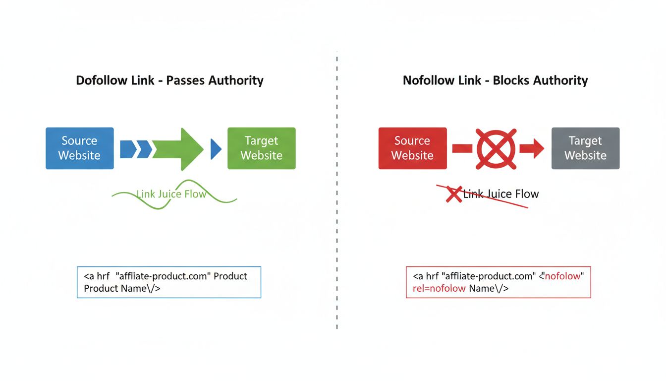 Technikai diagram, amely bemutatja a különbséget a nofollow és a dofollow linkek között az affiliate marketingben: zöld nyíl a dofollow-nál, amely továbbadja a tekintélyt, piros blokkolt nyíl a nofollow-nál