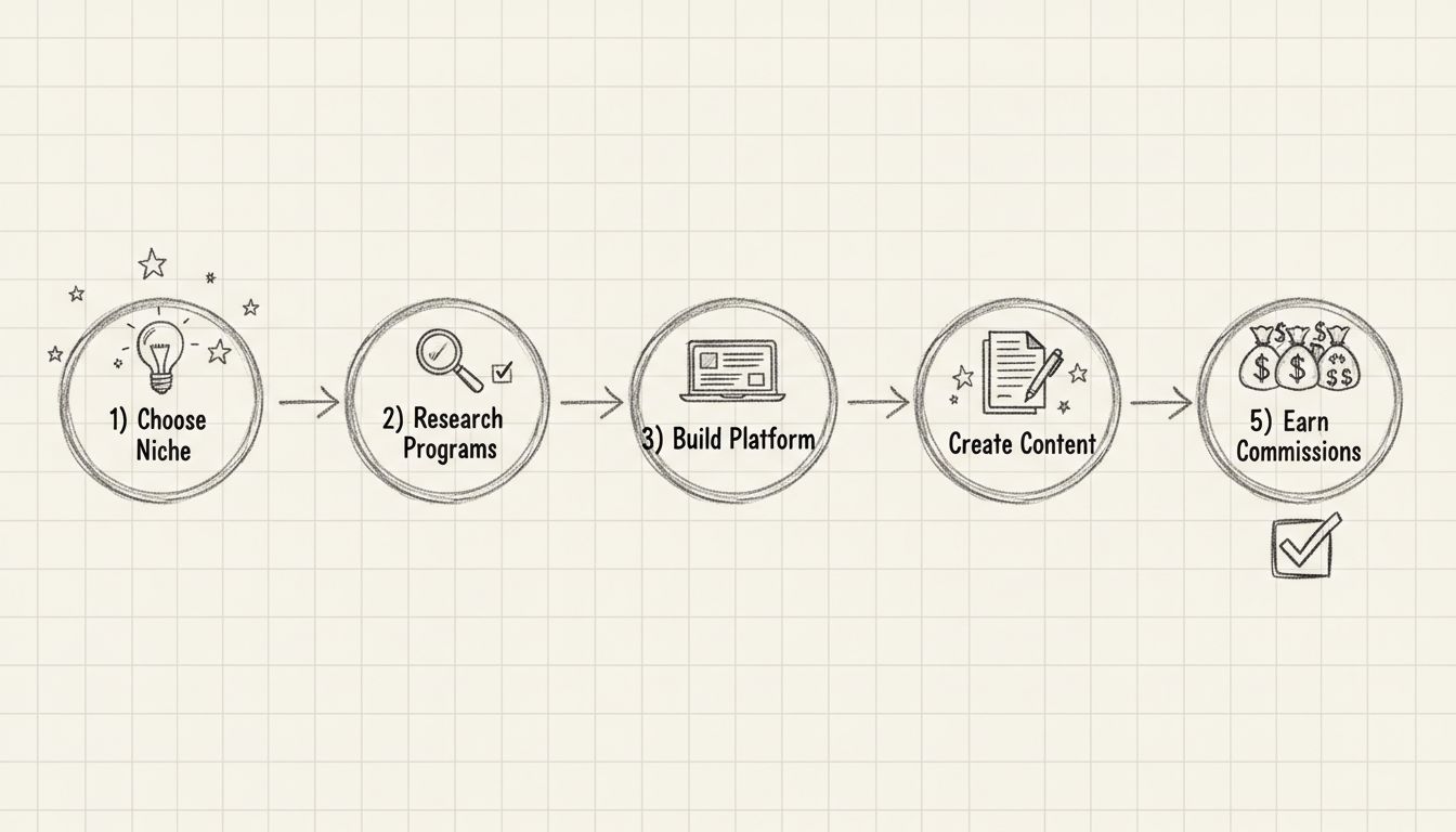 Kezdő affiliate marketinges útja folyamatábra, 5 lépésben: Niche kiválasztása, Programkutatás, Platformépítés, Tartalomkészítés, Jutalékszerzés