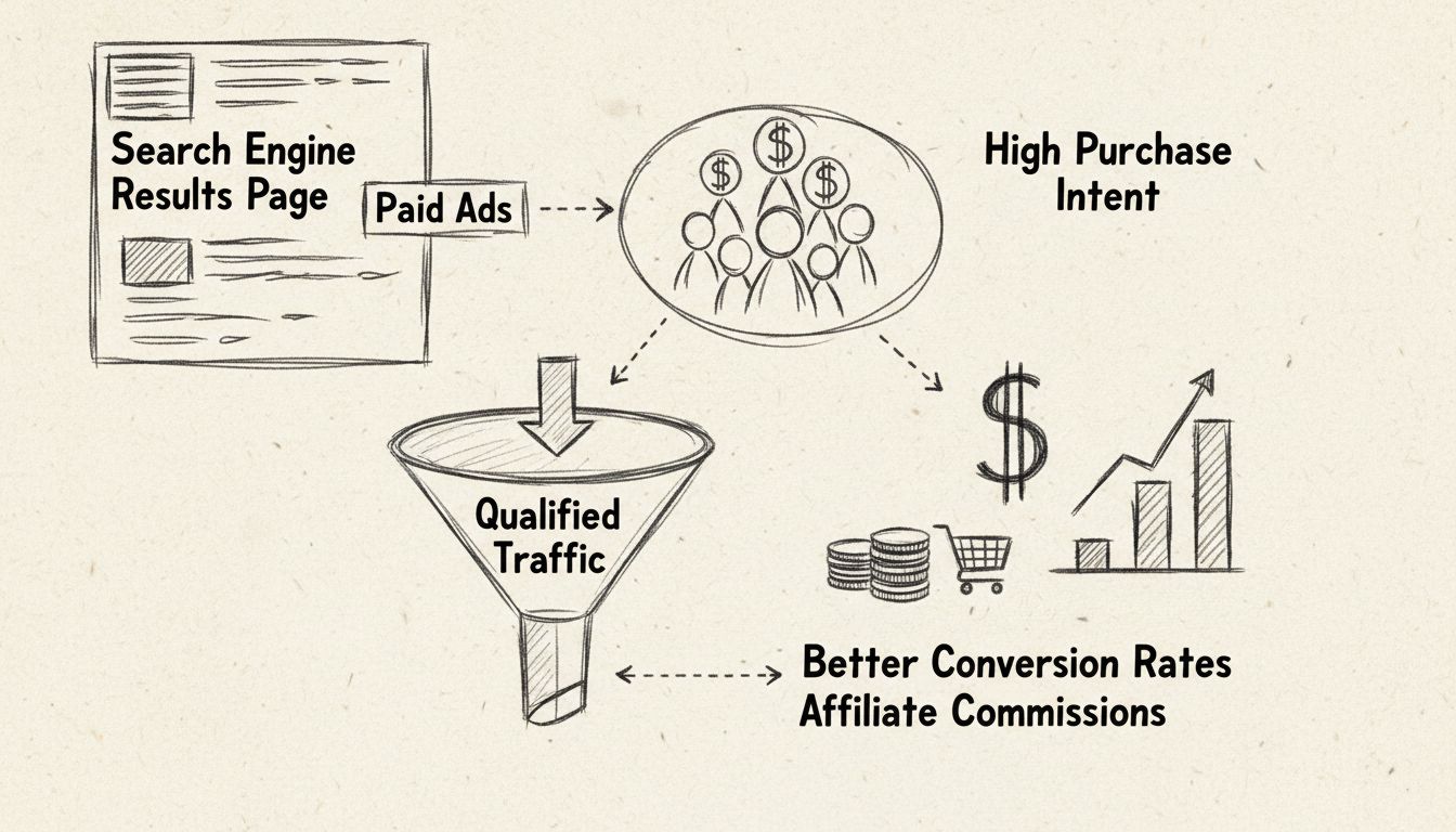 Kézzel rajzolt ábra az SEM előnyeiről affiliate marketerek számára: keresési találatok, magas vásárlási szándékú felhasználók, konverziós tölcsér, affiliate jutalékok