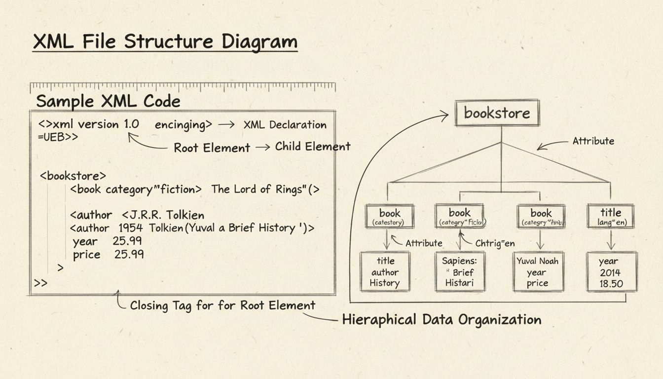 XML fájl szerkezetét bemutató diagram: tagek, elemek, attribútumok és hierarchikus felépítés