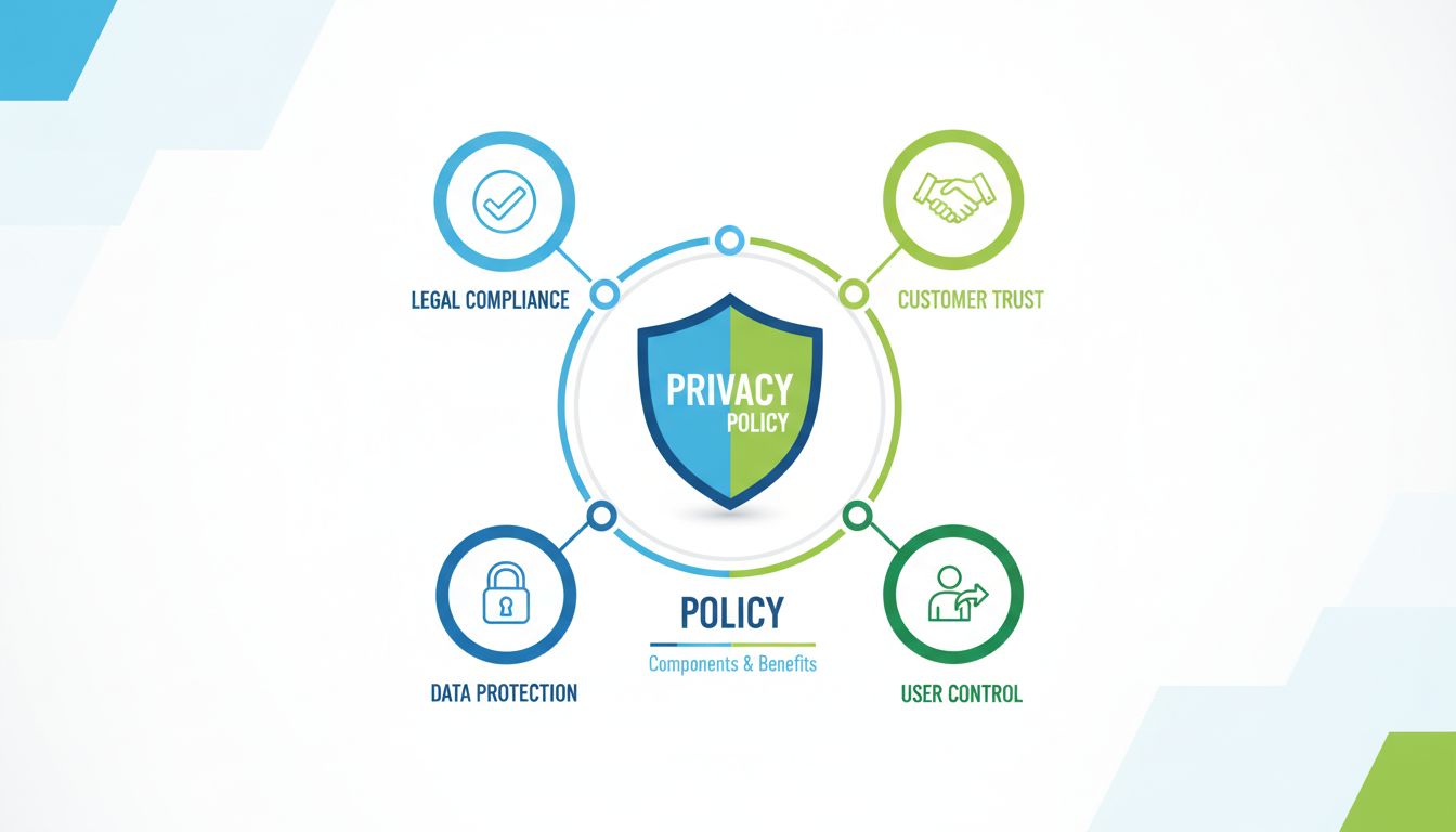 Privacy policy components infographic showing legal compliance, customer trust, data protection, and user control