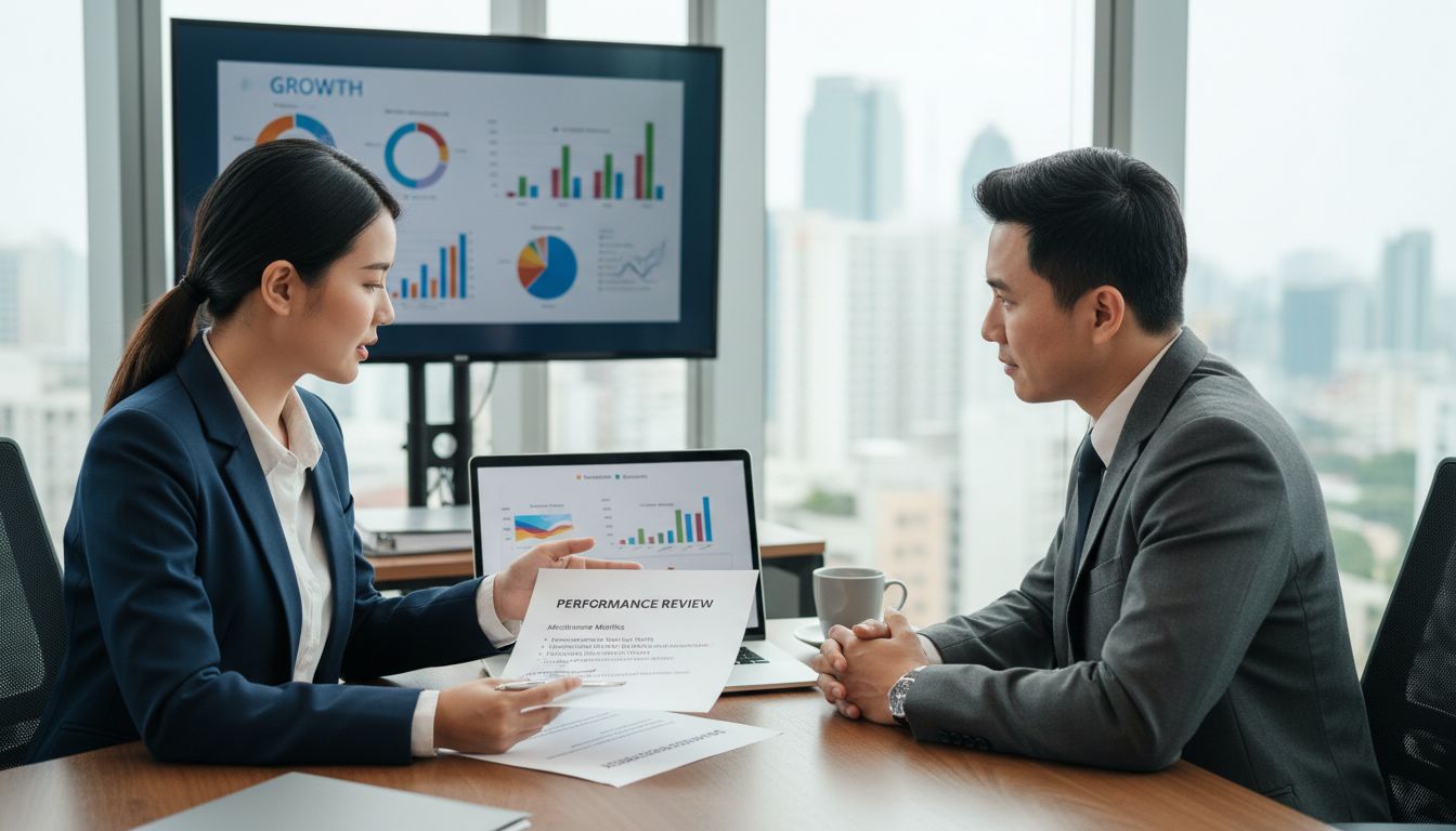 Professzionális üzleti megbeszélés dolgozó és vezető között, ahol fizetésemelést, teljesítménymutatókat és eredményeket beszélnek át