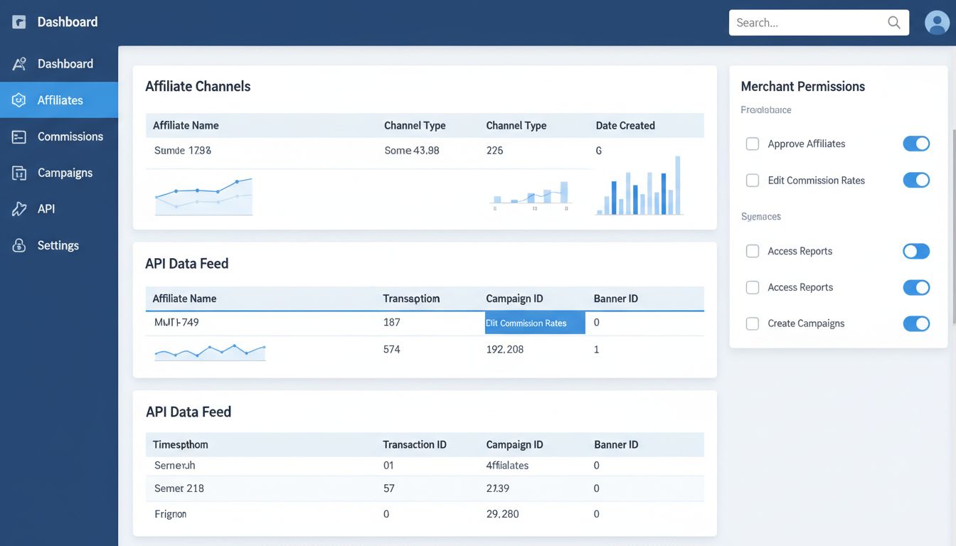 Post Affiliate Pro irányítópult, amelyen látható a csatornák Létrehozás dátuma oszlopa, a Kampányazonosító és Bannerazonosító követés, valamint a kereskedői jogosultságok kezelése