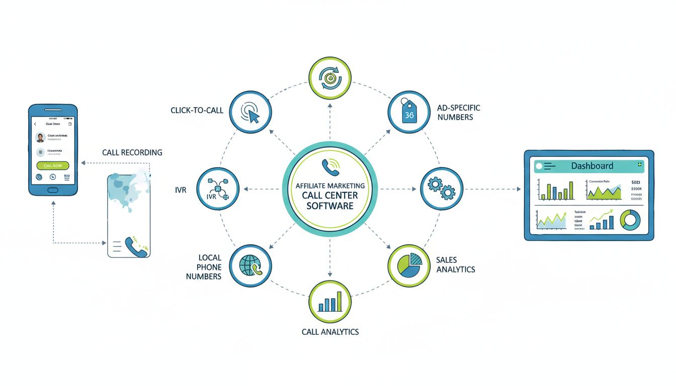 Call center szoftver funkciók affiliate marketinghez: click-to-call, hívásrögzítés, IVR, ACD, hirdetés-specifikus számok, CRM integráció, helyi telefonszámok, hívásanalitika és értékesítési analitika