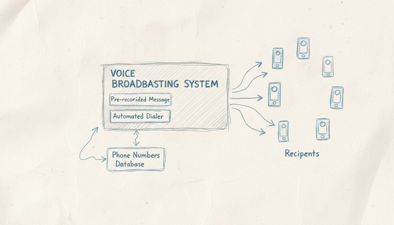Hangközvetítési rendszer architektúrájának diagramja, amely a központi szervert automatizált tárcsázóval és több telefonos címzettel mutatja
