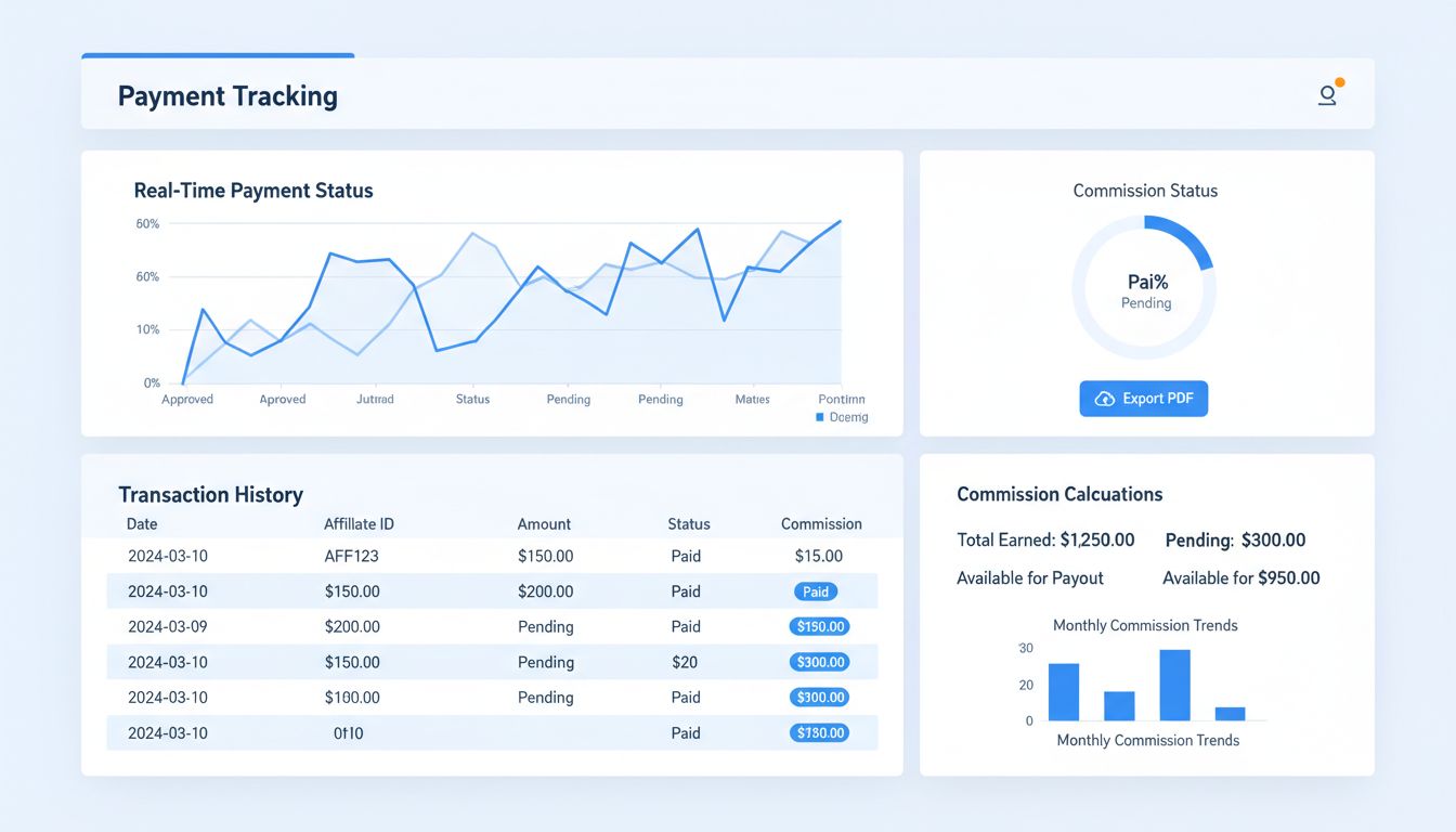 Affiliate szoftver kifizetéskövetési irányítópult, amely valós idejű kifizetési státuszt, tranzakciós előzményeket és PDF export funkciót mutat