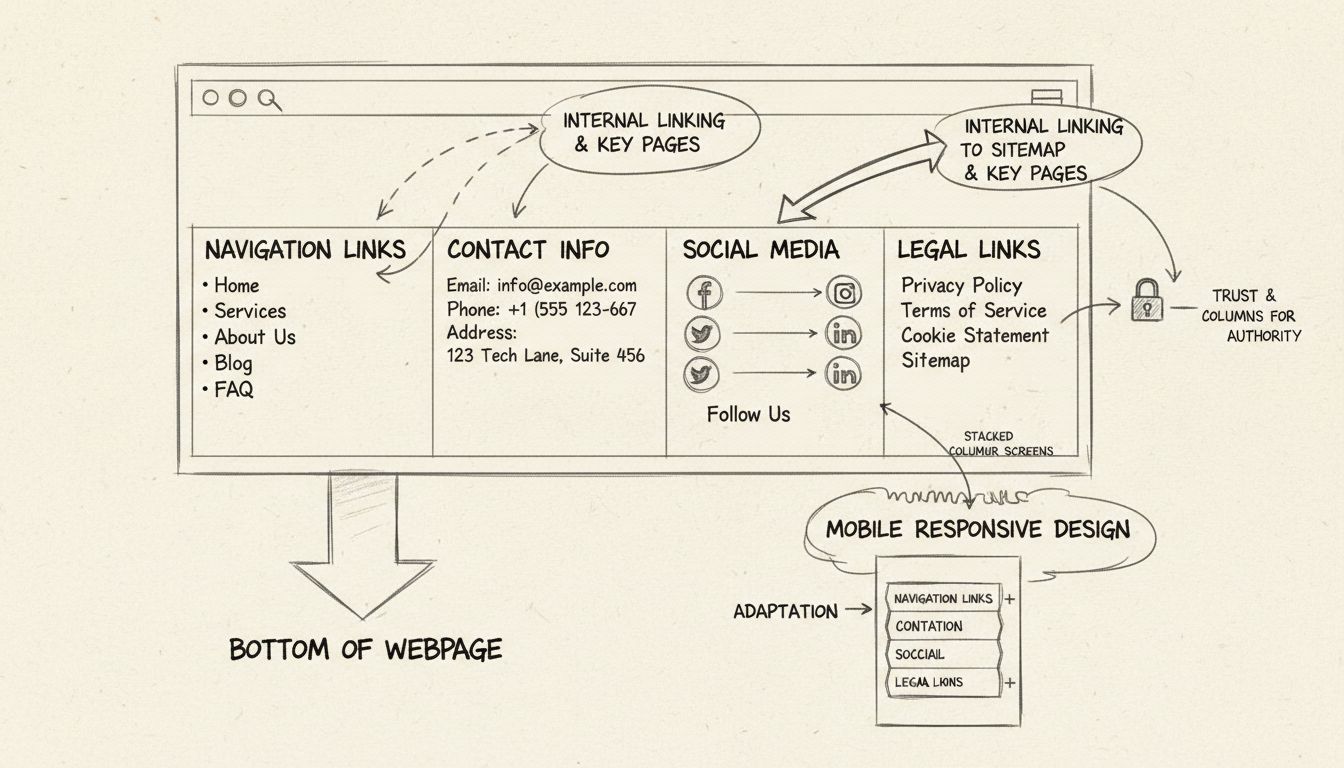 Kézzel rajzolt diagram, amely a weboldal láblécének felépítését mutatja navigációs linkekkel, elérhetőségekkel, közösségi média és jogi linkek oszlopaival