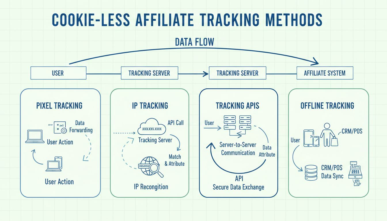 Sütimentes követési módszerek infografika: pixelkövetés, IP-követés, API-k és offline követés