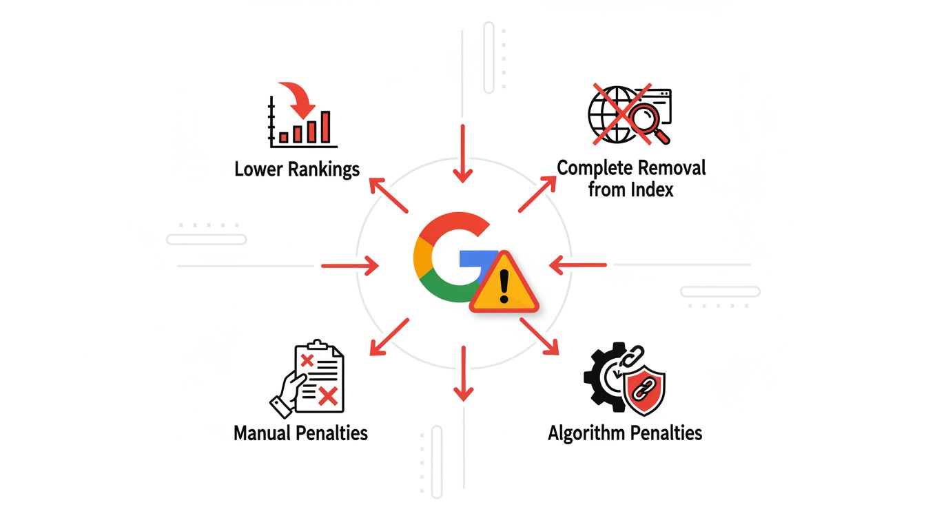 Infografika: SEO büntetések és kockázatok, beleértve a rangsorcsökkenést, indexből törlést, kézi büntetéseket és algoritmikus büntetéseket